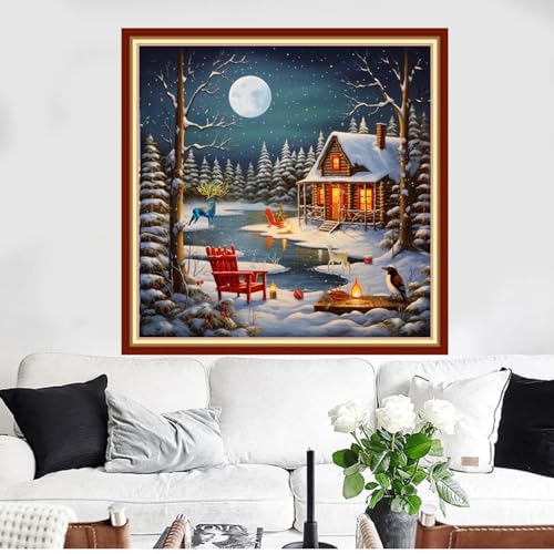 Image of Funxvoot Stamped Cross Stitch Kits Beginners Full Range of Embroidery Kits for Adults 11CT Embroidery Patterns Needlepoint Kits Printed Cross Stitch Kits - (Snowy Night Scenery 18x18 inchs)