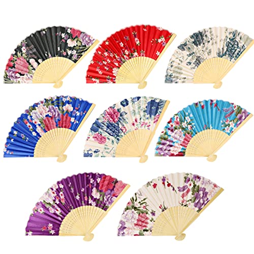 FoDau770 Chinese Vintage Folding Fans, 8 Pieces Bamboo Frames Handheld Fan, Hand Held Satin Hand Fans with Different Patterns for Cosplay, Dancing, Decoration, Party
