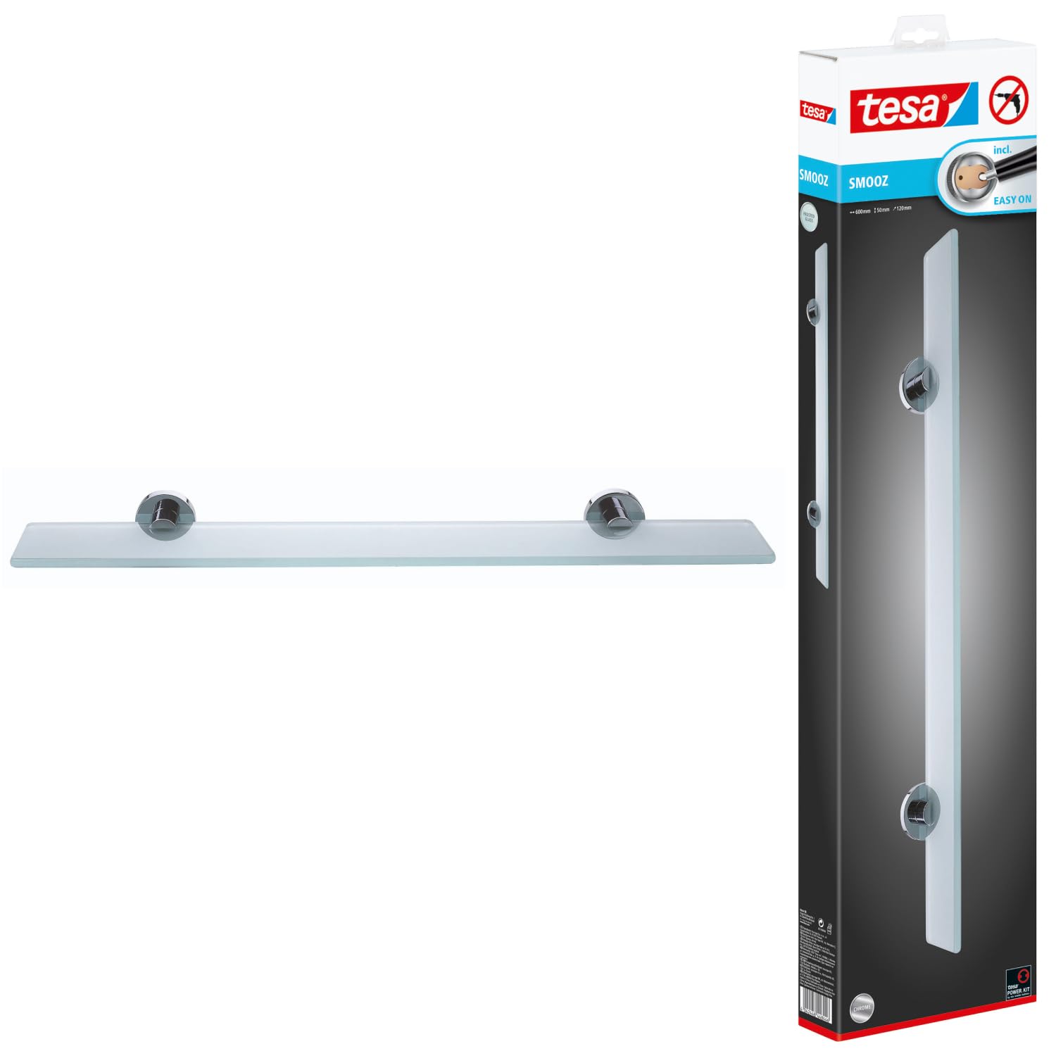 tesa Estante de Cristal para Baño SMOOZ - Estante de Cristal Satinado y Metal Cromado - Inoxidable - Resistente al Agua - Incluye Solución Adhesiva de Montaje