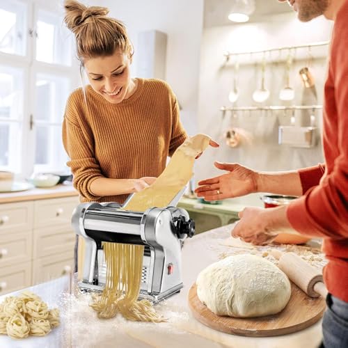 Bokknppo Electric Pasta Maker Automatic Noodle Machine 135W Stainless Steel Dough Roller Commercial Home Noodle Pressing Machine with Thickness Adjustable 0.5-3mm for Family Use 2 Blades Type