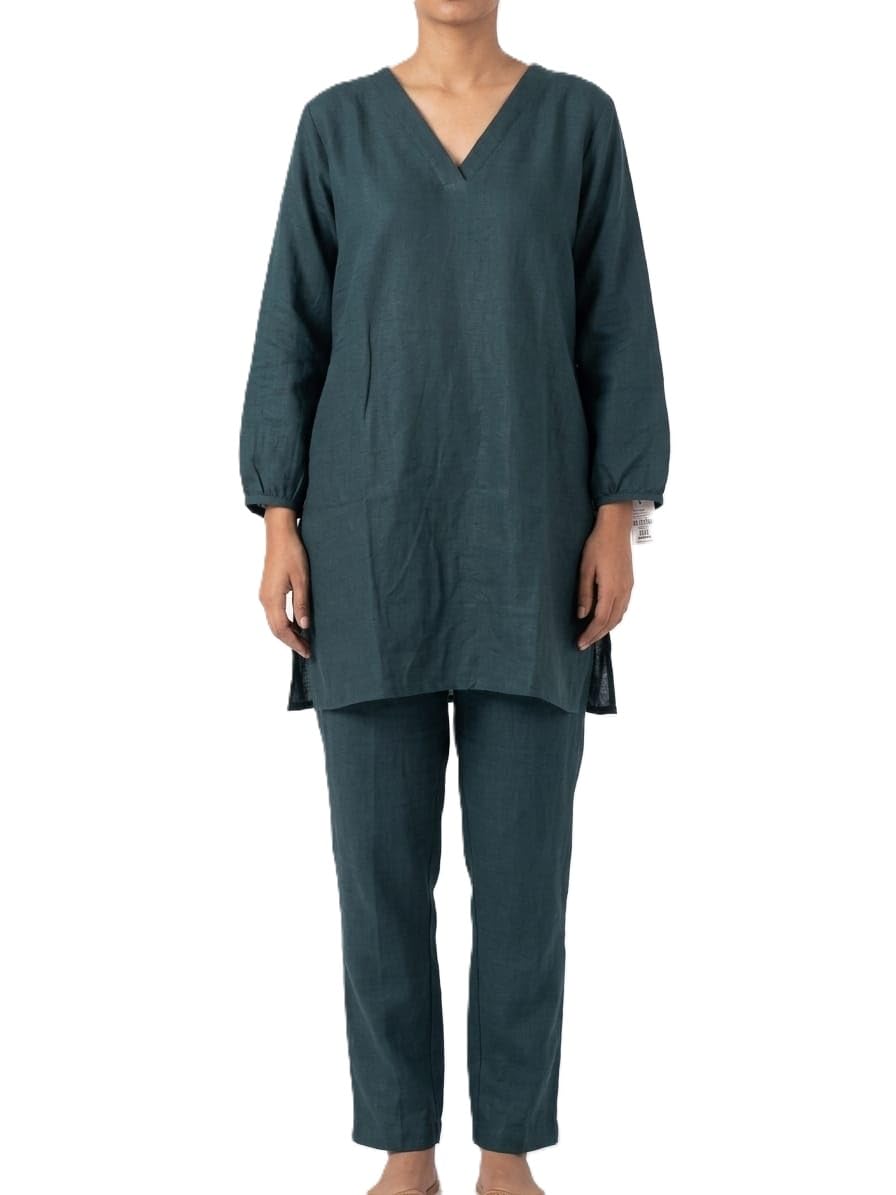 Women's Linen Blend Cotton Suit, Teal Green, V-Neck Tunic Top with Pants-image-42