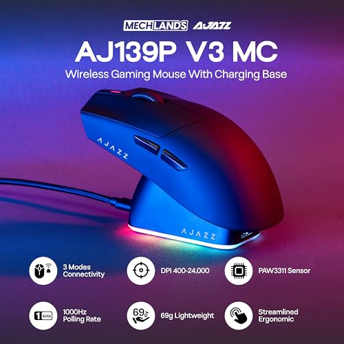 MechLands AJAZZ AJ139P V3 MC Wireless Mouse with Charging Base, 3 Modes Gaming Mouse with 800mAh Battery, Adjustable 24,000 DPI, PAW3311 Sensor, 1000 Polling Rate, 69g Lightweight, Win/Mac (Black) - Image 3