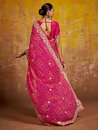 Image of Satrani Women'S Georgette Embroidery Bandhani Printed Saree With Unstitched Blouse Piece