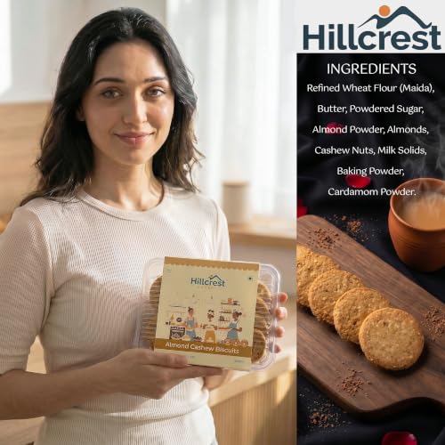 Image of Hillcrest Bakery Almond Cashew Biscuits, Whole Wheat, 18 Pieces, 320 g | Premium Baked Snack | Crispy & Delicious | Tea Time Treat | Suitable for Everyday Snacking | Hygienically Packed