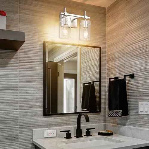 Image of SOLFART 2 Light Wall Scone Vintage Vanity Light Fixtures Brushed Nickel Wall Light for Bathroom Lights Over Mirror with Glass Shade Light Fixtures (Exclude Bulb)
