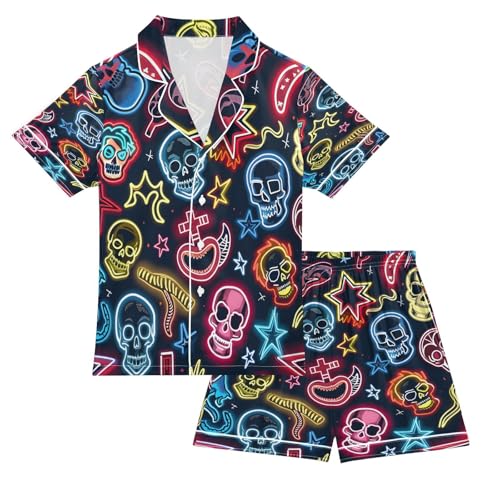 senya Pajama Sets Silky Button Down Nightwear Sleepwear Size 5-14 Years Colorful Skull