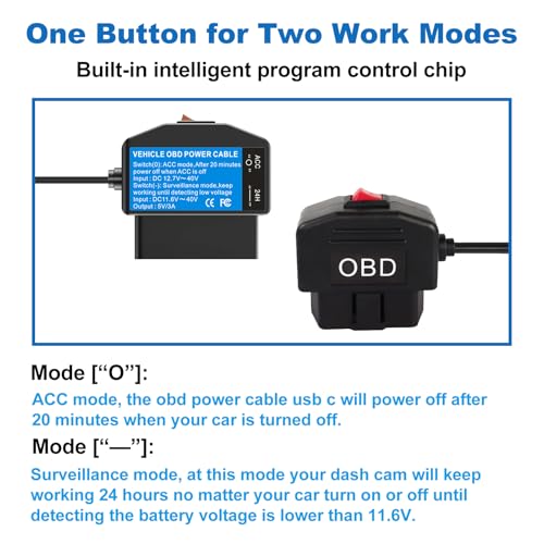 Cable OBD para dashcam que evita descargas de batería con modo ACC y Tipo C 2