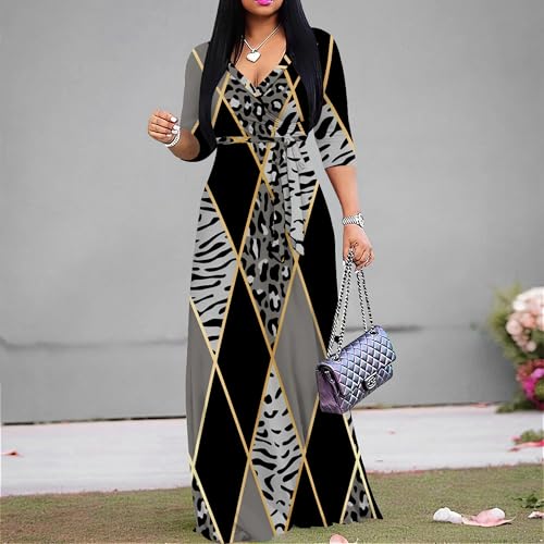 Image of PinkPatty Women's Print Maxi Dresses 3 /4 Sleeve Flowy Long Dress V Neck Wrap Tie Waist Sundress