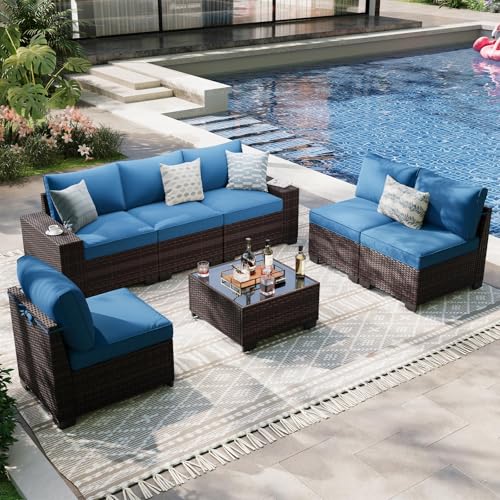 OUGMMGOU 7-Piece Outdoor Patio Furniture Set, 6-Seat All-Weather PE Rattan Wicker Patio Sectional Furniture Set with Coffee Table, 450 lb Capacity