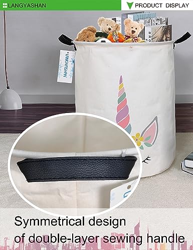 Image of Laundry Basket Canvas Fabric Collapsible Organizer Basket for Storage Bin Toy Bins Gift Baskets Bedroom Clothes Children Nursery Hamper (Round Pink Unicorn)