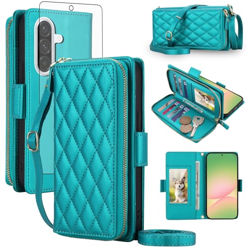 Compatible with Samsung Galaxy A36/A56 5G/A37 Wallet Case Zipper RFID Blocking and Screen Protector Crossbody Lanyard Strap Flip Card Holder Slots A 36 SM-A366U Phone Cover for Women Men Green