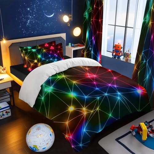 Glowing Rainbow Triangle Duvet Cover Set - 3 Piece Single Bedding for Boys with Sparkling Laser Pattern by BlessLiving