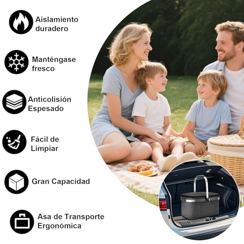 Miniatura 7 de Allcamp Cesta Plegable- Cesta Térmica Para La Compra Con Tapa, Cesta De Picnic Extraíble Para 4 Personas,Cesta Térmica Gruesa Con Marco De Aluminio Negro Grande