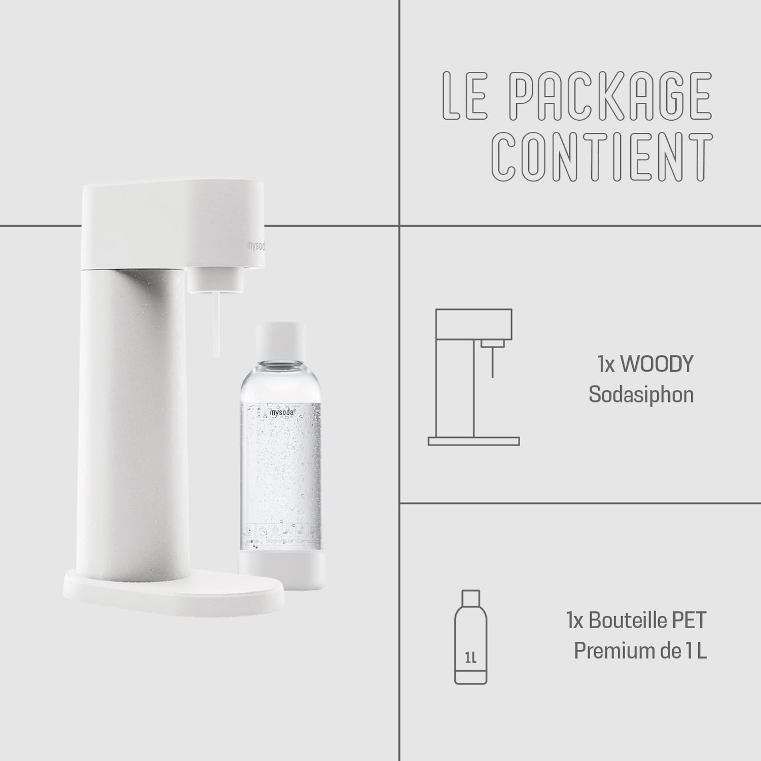 Mysoda: Machine à carboniser Woody en composite de bois renouvelable (sans cylindre CO2) avec bouteille en plastique sans BPA 1L - Blanc