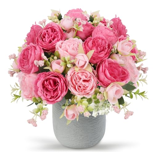 Artificial Peonies Silk Flowers, Pink Faux Peony Bouquet 2 Bundles Florals Arrangements Decor for Farmhouse Home Boho Wedding Table Centerpiece, Fake Plastic Flower Bulk for Vase Decoration (Mix Pink)