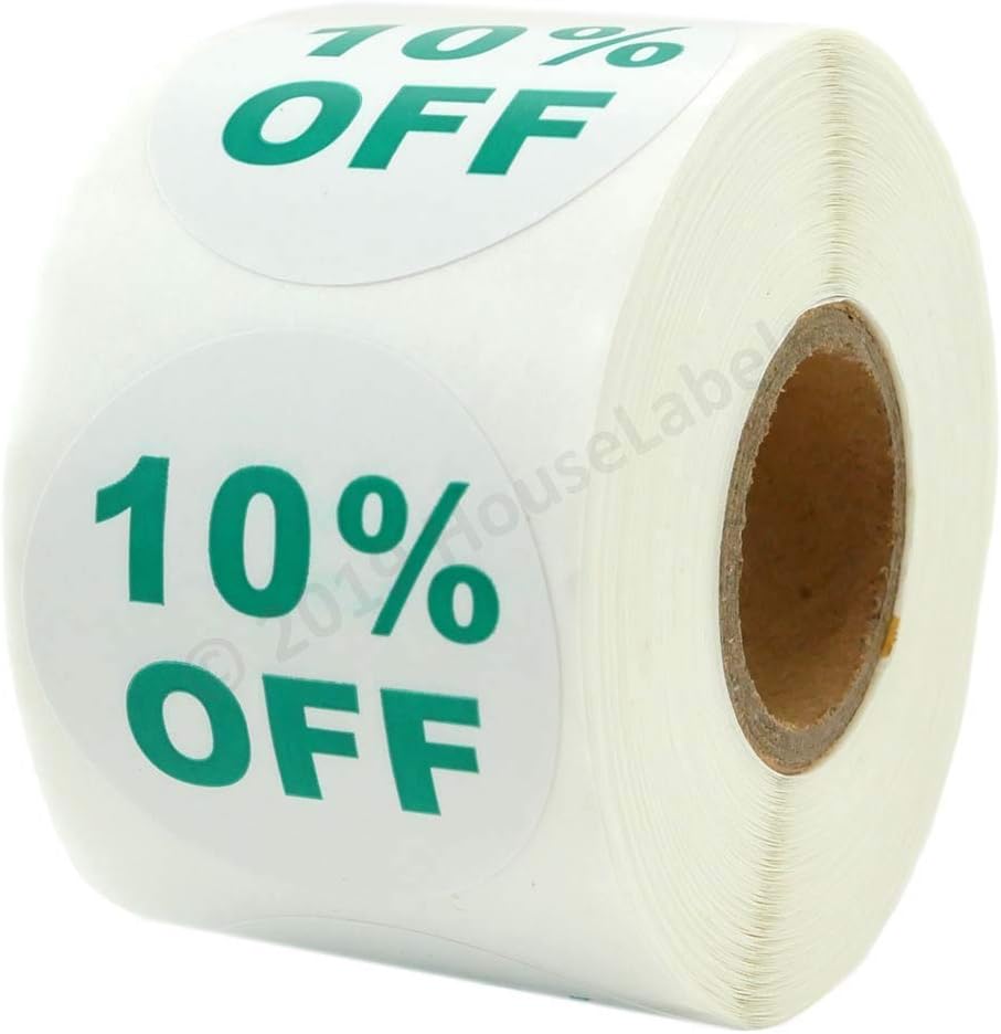 10%-Off Sale Stickers, 1.5 Inch Round, Green/White, 500 Labels Per Roll, 100 Rolls