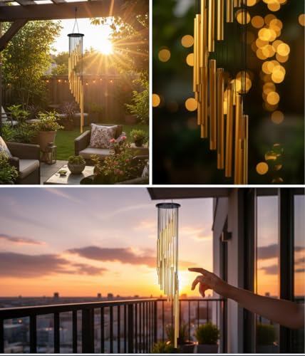 Image of 33.5 inch 18 Pipe Metal Wind Chims for Home Balcony Energy,& Office Positive Energy Meditation and Best Gift for Birthday Anniversary Home Vastu and Return Gift 18 Pipe Black,18 Pipe-Gold