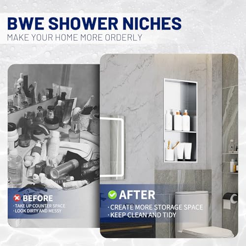 BWE 12.8" X 18.8" Stainless Steel Shower Niche No Tile Needed Wall Niche Double Shelves Niche for Bathroom Storage Brushed Nickel by BWE - Image 7