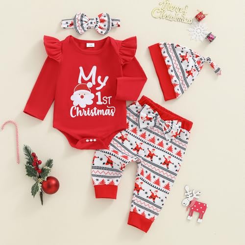 My First Christmas Baby Girl Outfit Newborn Long Sleeve Romper Santa Print Pants Hat Headband 4Pcs Cute Xmas Clothes4