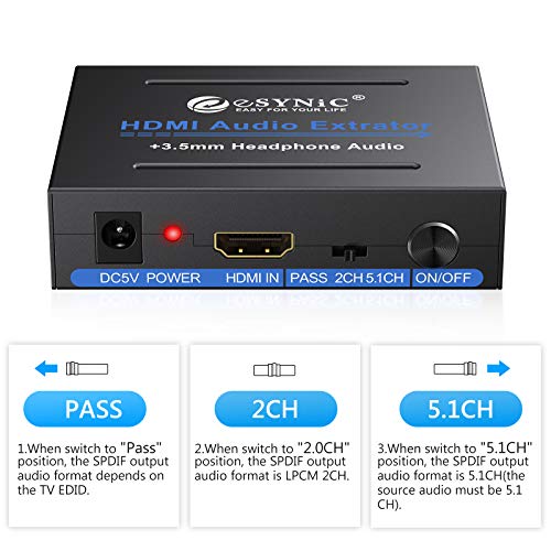 eSynic 1080P HDMI Audio Extractor HDMI to HDMI + Optical TOSLINK SPDIF + Analog RCA L/R +3.5mm Jack Stereo Audio Video Splitter Converter with Power ON/Off Switch Support Full HD1080p 3D - Thumbnail 4