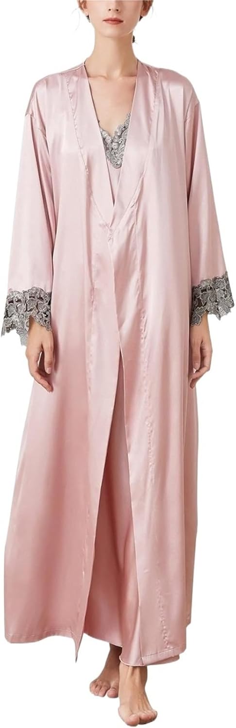 IRYZE Cozy Bathrobe Women's 2 Piece Satin Nightgown And Robe Sexy Silk Lace Pajamas Set Long Sleepwear Spa Robe Sleepwear (Color : Pink, Size : X-Large)