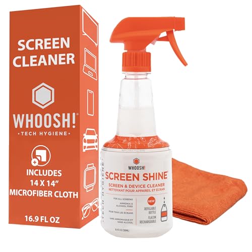 WHOOSH! Screen Shine Pro 16.9 fl oz Refillable Screen Cleaner for TV, OLED, and Monitors – Streak-Free Spray with Microfiber Cloth – Safe for Flat Screen, LCD, Smart Displays – Non-Toxic and Odorless