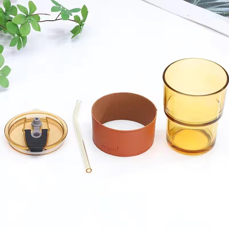 Image of ANKUL Beer Can Glass Tumbler with Straw and Lid Leather Band- 400ml- Pack of 2 - Mojito Sipper Mug with Lid for Kids Milk Cup with Straw (Lather Brown Tumbler, 2)