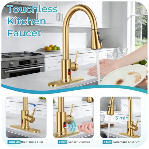 Image of Touchless Kitchen Faucet with Pull Down Sprayer - Brushed Gold Single Handle Kitchen Faucets, High Arc Stainless Steel Pull Out Kitchen Sink Faucet with Deck for RV Laundry Farmhouse Bar