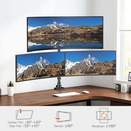Image of Triple Monitor Mount up to 49 inches, Fully Adjustable Heavy Duty 3 Monitor Arm with Gas Spring, Desk Mount for 3 Screens, C-Clamp & Grommet Base, Holds 44 lbs, Black
