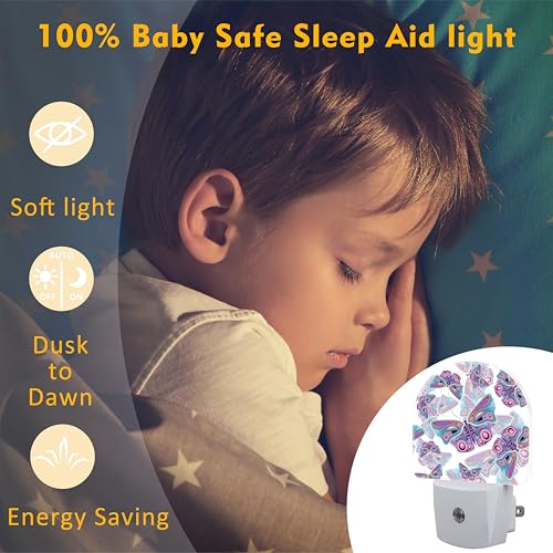Image of Colorful Butterflies Night Light Plug into Wall,Retro Watercolor Butterfly Dusk to Dawn Night Light,0.5w Energy Saving Sleep Friendly Nightlights for Kids Boys Girls Home Decor