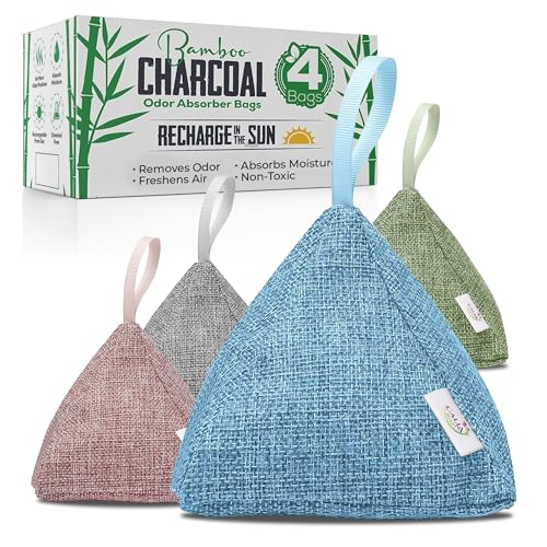 CallaBurst 活性炭臭吸収剤と空気清浄機 - 竹炭バッグ、自然の新鮮な空気浄化バッグ、炭消臭剤、ハンガー付きピラミッド型、デザイナーカラー - 4パック、200g