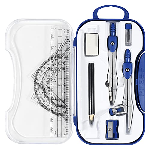 Vobou 10 Pieces Math Geometry Kit Set Student Supplies with Shatterproof Storage Box,Includes Rulers,Protractor,Compass,Eraser,Pencil Sharpener,Lead Refills,Pencil,for School and Drawings（Navy Blue）