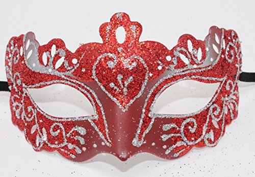 LADIES SPARKLING RED AND SILVER RIALTO VENETIAN MASQUERADE CARNIVAL PARTY EYE MASK, Red Silver, 8cm Deep