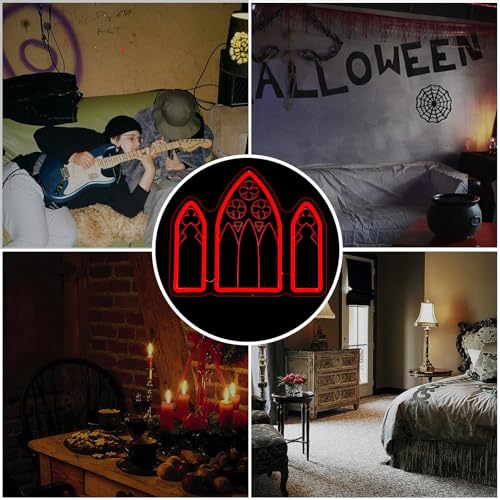 Image of Gothic Window Neon Sign Horror Red Neon Signs for Wall Decor, Dimmable Gothic Medieval Cathedral Neon Art, Red LED Light Sign for Haunted House Man Cave Halloween Party Gifts