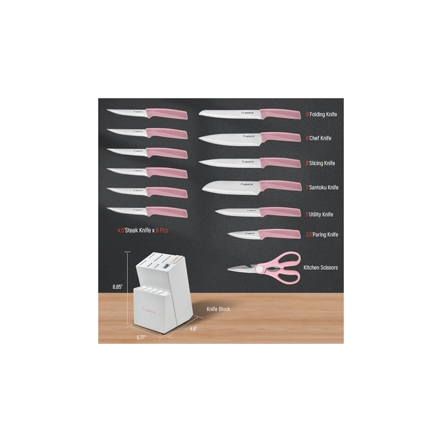 IKRUTO 15-Piece Kitchen Knife Set with Block, Built-in Sharpener, Anti-Slip Handle, Non-Slip Base – Professional Chef Knife Set for Effortless Cooking（Pink White）