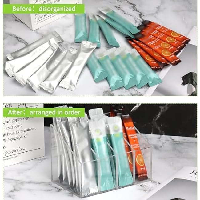Water drink Packet Holder Water Flavor Packet Storage Container Water Flavor Packet Organizer Storage Basket Acrylic with Removable Dividers for Storage Bins for Refrigerator Organizer Bins Cabinets
