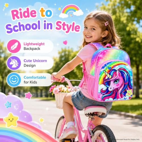 Image of 3PCS Unicorn Backpack, 16 inch Girls Rainbow Sequins Kids Bookbag with Lunch Box, School Bags for Elementary Preschool Kindergarten - Pink