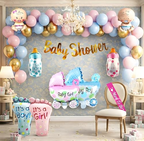 Image of GROOVY DUDZ Baby Shower Decoration Items Set-55Pcs Baby Shower Party Decoration Items with Pastel Balloon,Pram Balloon theme Party Decoration Items