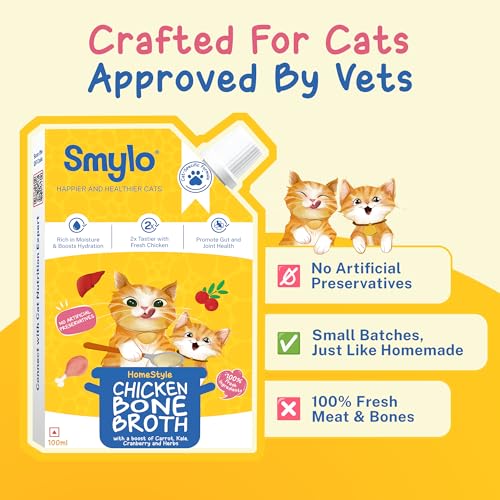 Image of Smylo Summer Cooler, Hydration Rich Chicken Bone Broth for Cats (100ml x 3 Packs) | Rich in Collagen for Bones & Joints Health | Omega 3 & 6 for Shiny Fur & Coat | Cat Food Topper and Cat Supplements