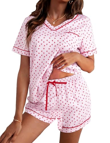 Image of ASTANFY Valentines Day Pajamas Women 2 Piece Silk Valentine Pjs Cute Heart Pajamas V Neck Satin Sleepwear Loungewear Set