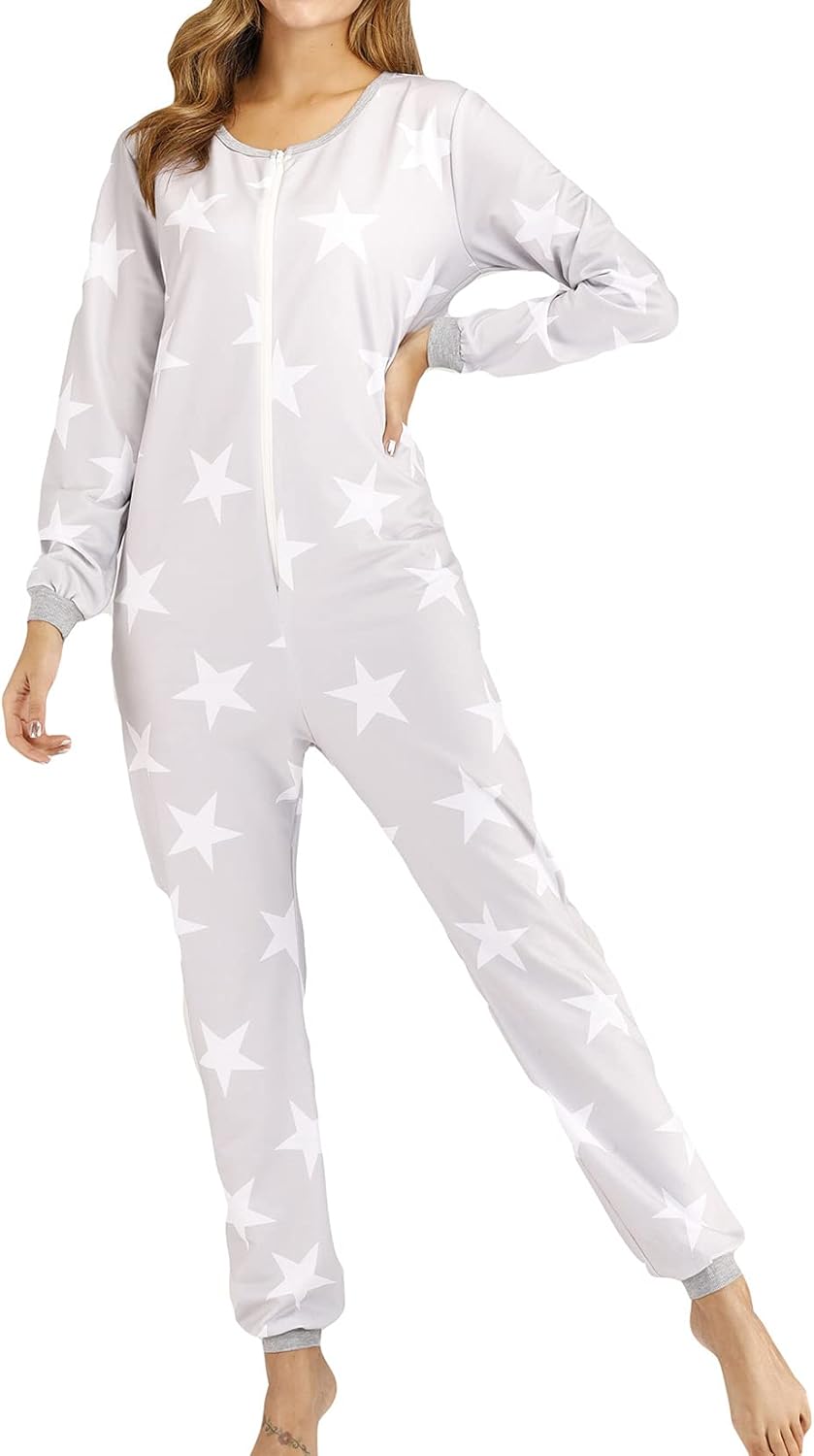 Lu's Chic Women's Long Sleeve Onesie Pajamas Pant Romper Zipper Jumper Star Print One Piece Pajama