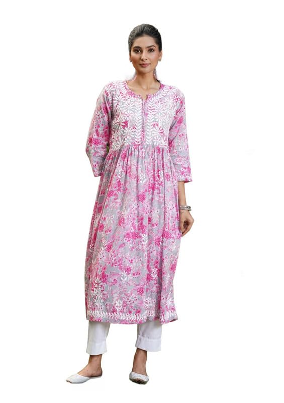 Grey Mulmul Chikankari Embroidered Gown for Women | Flared Calf Length Printed Ethnic Gown | Round Neck | Flared 3/4 Sleeves | 49 Inch Length-image-26