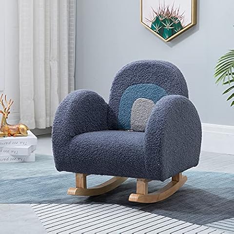 Kids Rocking Chair, Wooden Rocker Chair with Fluffy Cover for Boys Girls, Toddler Armchair with Foldable Backrest Children Sofa for Bedroom Living Room, Children's Furniture Gift for Ages 2-6, Blue Cover