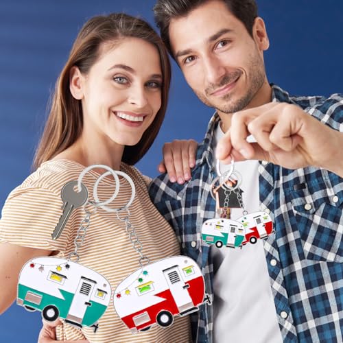 Image of Grevosea 2 Pack Camper Keychain, Happy RV Camper Keyring Camper Accessories for Men WomenTravel Trailers Retro Camping