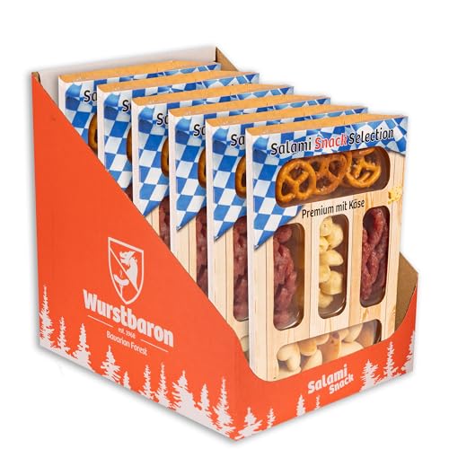 Snack Selection Premium Käse 6er Set, Snackbox mit Salami, Salzbrezel, Gebäck und Käse, 6 x 80g Snacks