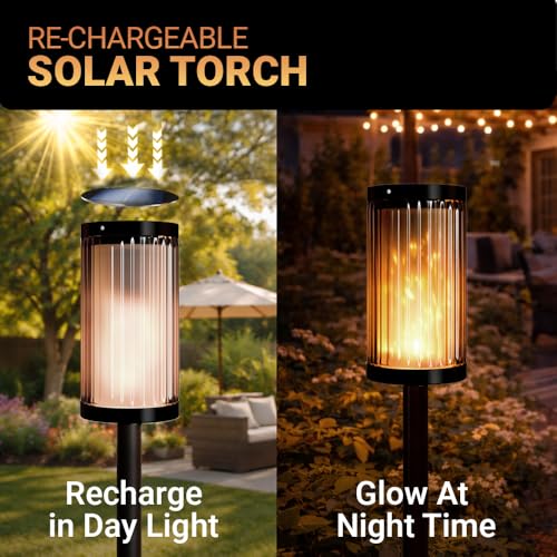 Image of Deco Window Glass Solar Lights Outdoor 2 Pack LED Flame Torches with Flickering Flame, Solar Powered Pathway Lights for Patio, Lawn, Porch, Walkway, Driveway, and Garden.