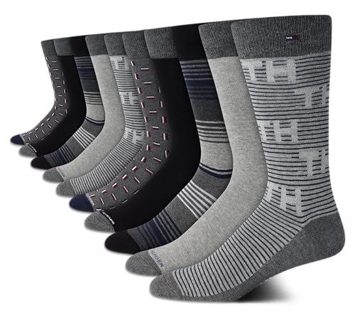 Tommy Hilfiger Mens Dress Socks - 10 Pack Lightweight Everyday Crew Work Socks for Men for Casual & Formal Wear, Size 7-12, Grey Assorted