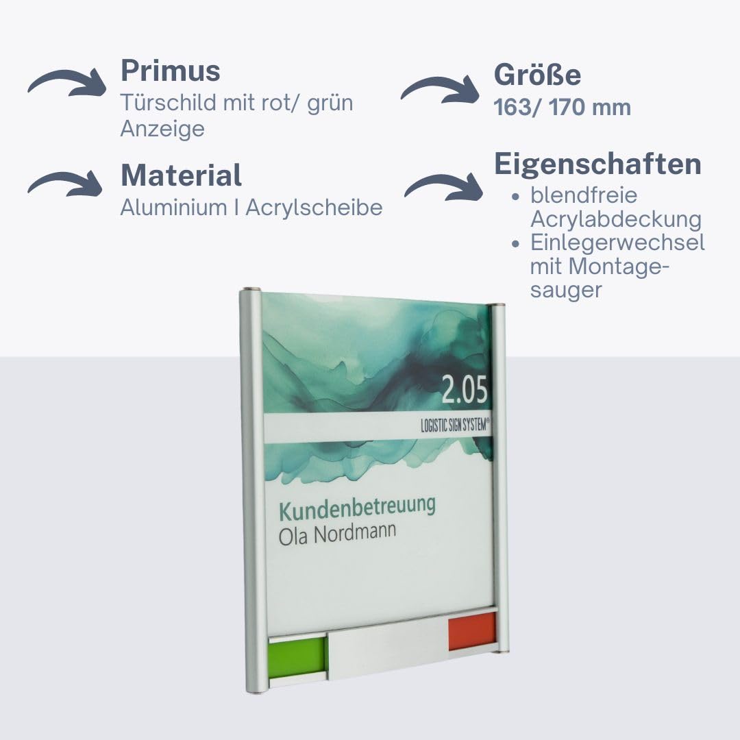 Türschild Primus 163/170 mit Frei/Besetzt-Anzeige für Büro, Rot/Grün- Anzeige