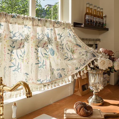 Deeprove Blue Boho Kitchen Valance Printed for Bedroom Living Room Cafe Botanical Florals Curtain with Tassel Vintage Bohemian Retro Window Small Short Treatment Light Filtering 1 Panel 52W x 18L