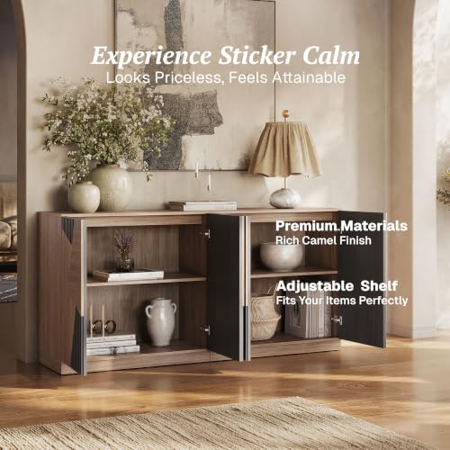 Image of BELLEZE 66 inch Modular Sideboard Buffet Cabinet - Camel & Espresso Black